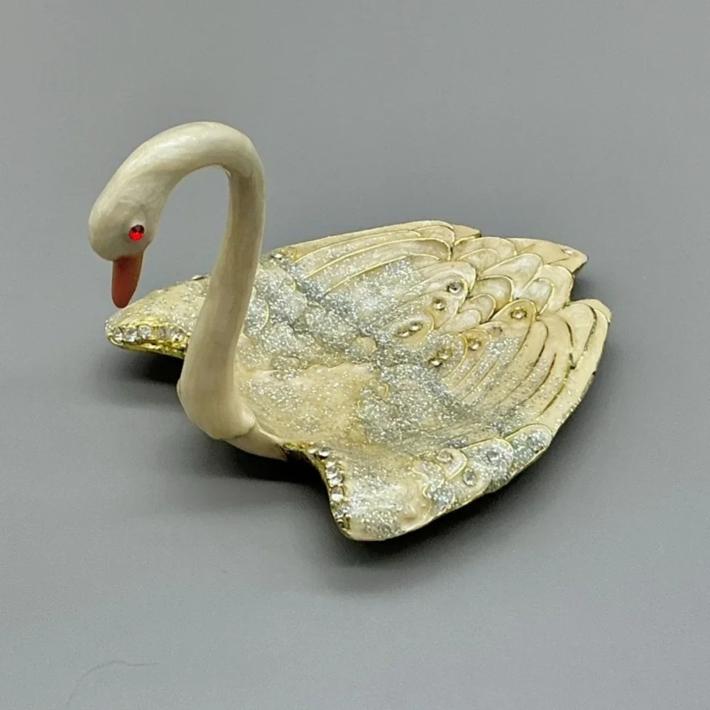 Swan Ring Holder Trinket Dish White Gold Glitter Rhinestone Jewelry Vanity Decor